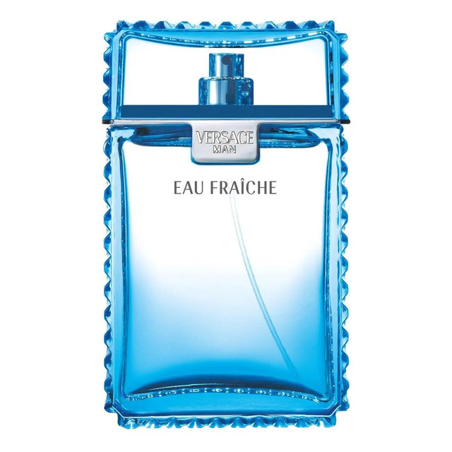 Frasco de vidro azul do perfume Versace Man Eau Fraîche com 200ml, exibindo o nome da fragrância e a tampa prateada.