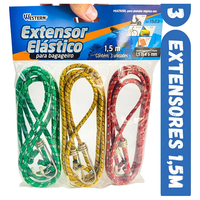Kit 3 Extensor Corda Elástico 1,5m Bagageiro Moto Bike Carro