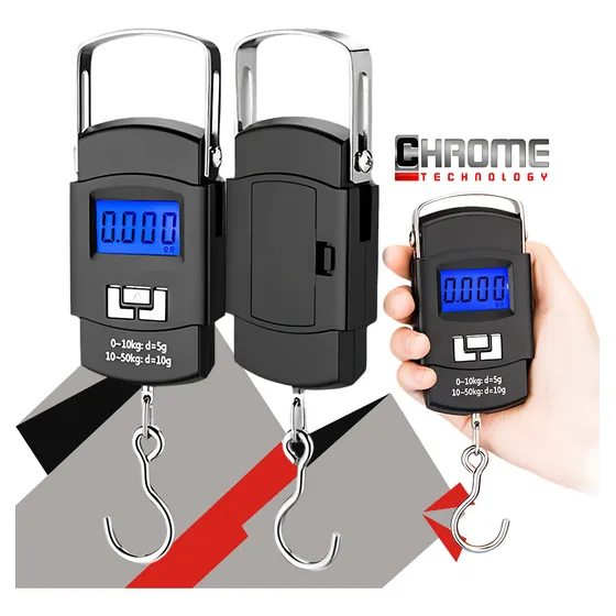 Balança Digital Peixe Pesca Gancho Pendurada De Mão Portátil Bolsa Bagagem Mala Até 50kg Chrome Technology