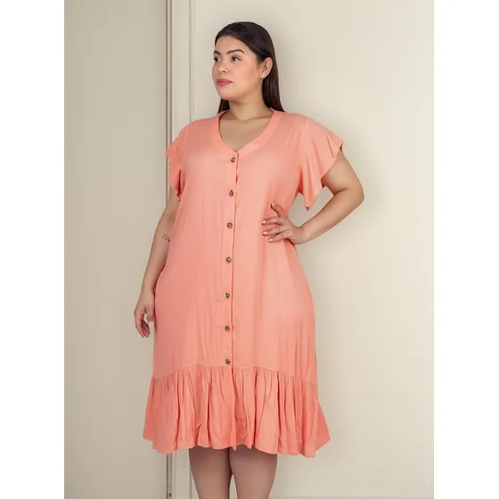 Vestido Tipo Camisero Lino Liso Con Volados Onara Greco Sc