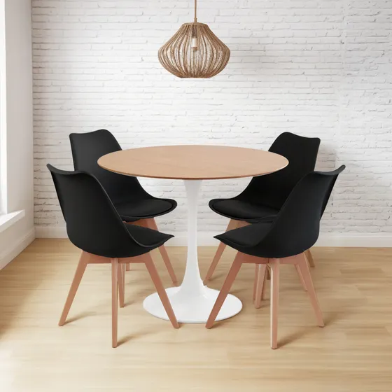 Comedor Redondo Mesa Tulip Wood Con 4 Sillas Tulip Acolchada