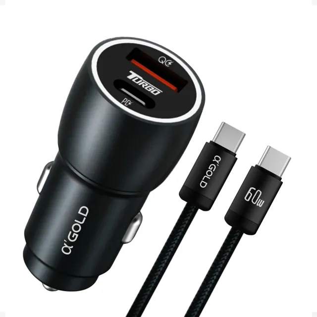 Carregador Veicular Turbo 60w Usb E Usb-c Pd Com Cabo Tipo-c