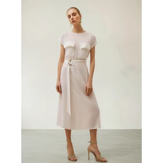 Vestido Iódice Midi Decote Redondo Com Bolso Off White