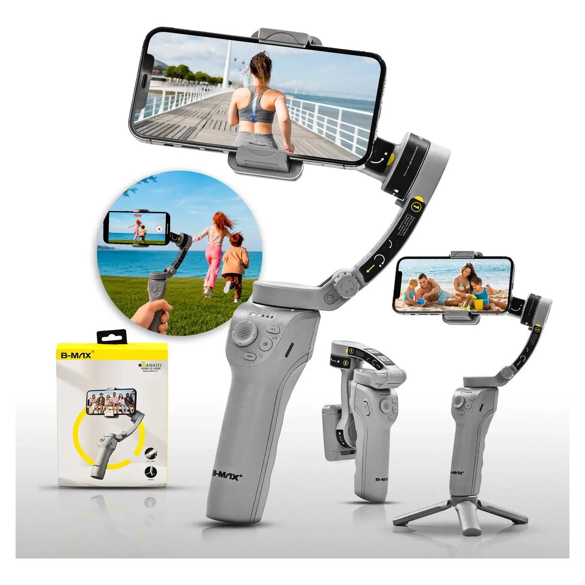 Estabilizador gimbal B-Max de 3 eixos na cor cinza, acompanhado de tripé, suporte para celular, embalagem do produto e exemplos de uso em atividades ao ar livre.