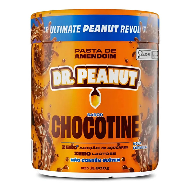 Pote de 600g da pasta de amendoim Dr. Peanut sabor Chocotine com detalhes em laranja e azul