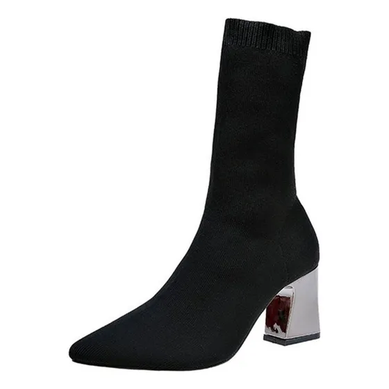 Botas Elásticas Negras De Tacón Grueso, Botas De Tacón A [u]