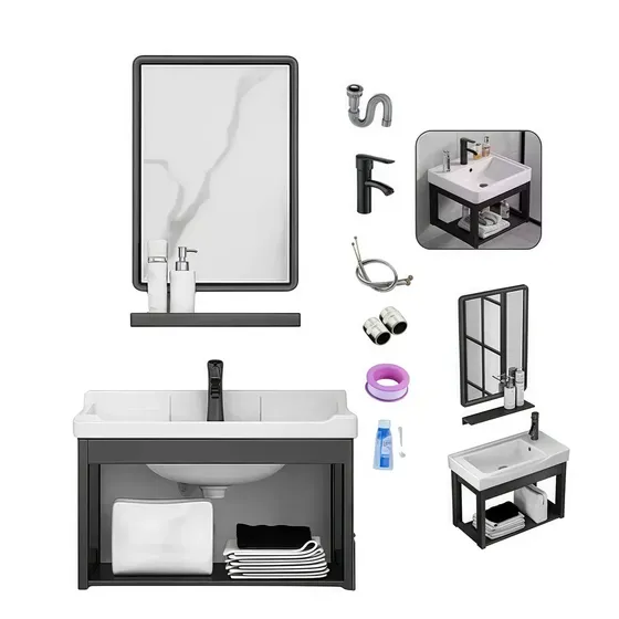 Vivanido Lavabo De Cerámica De Estilo Moderno Marmol Para Baño Jardín, Colgado De La Pared, Equipado Con Espejo Cuadrado, Soporte De Acero Inoxidable, Estantería Para Colocar Objetos, Grifo Y Desagüe