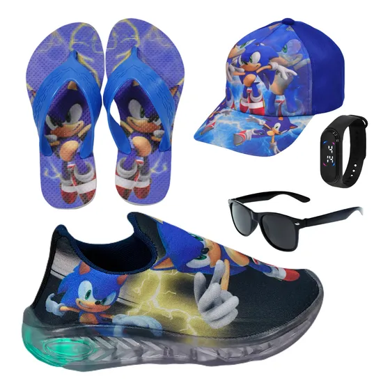 Kit Tênis Led Infantil Sonic + Boné Chinelo Relógio Óculos
