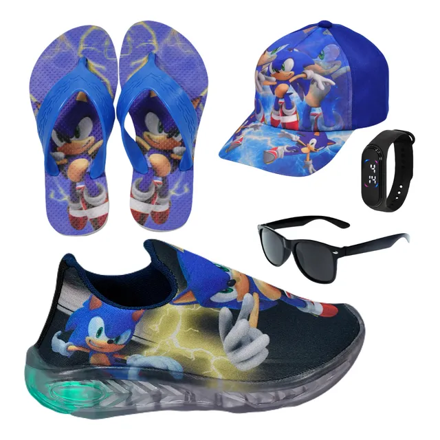 Kit Tênis Led Infantil Sonic + Boné Chinelo Relógio Óculos