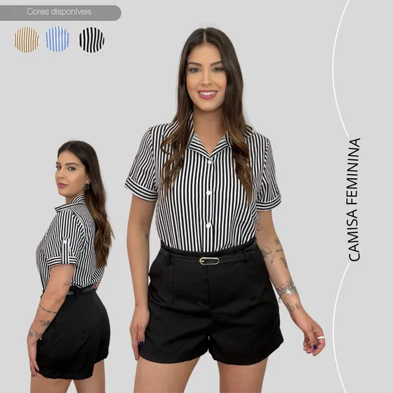 Camisa Feminina Listrada Risca De Giz Manga Curta Social