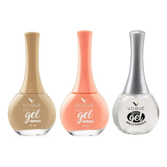 Pack Vogue Efecto Gel Esmalte Jaguar + Flamingo + Brillo