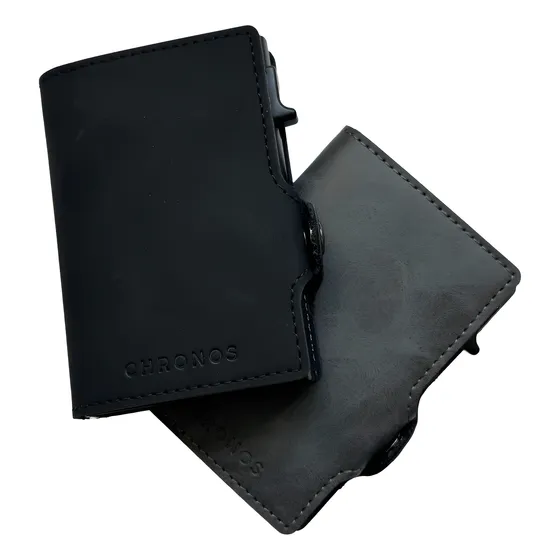 Billetera Tarjetero Antirobo Rfid En Cuero Y Aluminio Gris Oscuro Liso
