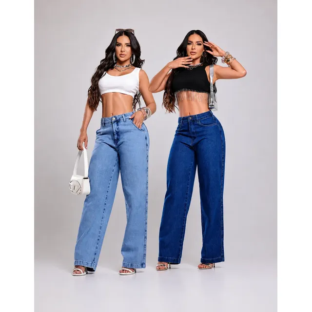 Kit 2 Calças Jeans Femininas Wide Leg Cintura Alta Estilosas