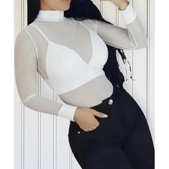 Body Transparente Manga Larga En Malla Para Dama