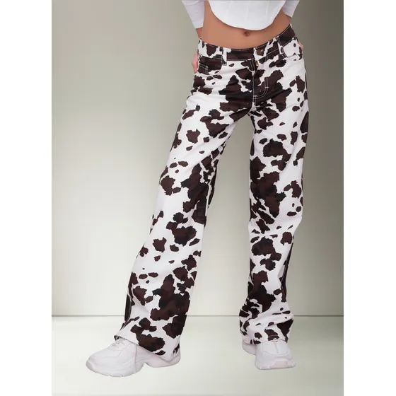 Jean Vaquero Ancho De Nena, Estampado De Vaca Con Elastico