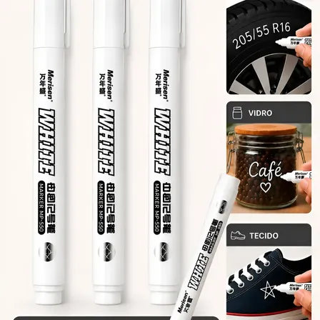 Kit 3 Canetas Branca Permanente Marcador Desenho Tira Risco Branco