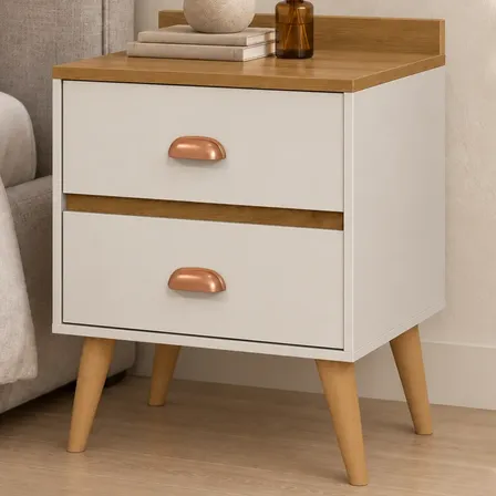 Mesa De Cabeceira Retrô Com 2 Gavetas Compacta Pés Palito