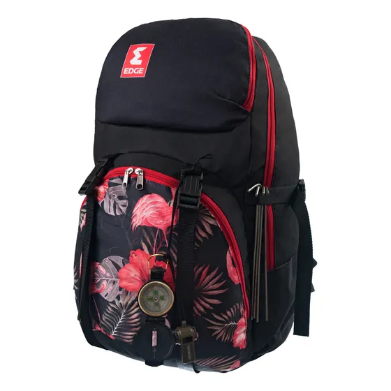 Mochila mochileto Edge 50L reforzada camping trekking resistente color negro rojo floreado diseño de la tela liso