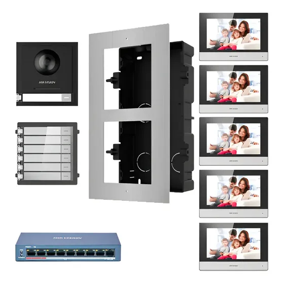 Kit Video Portero Ip 5 Departamentos Hikvision Full Hd App Color Gris | Cuotas sin interés