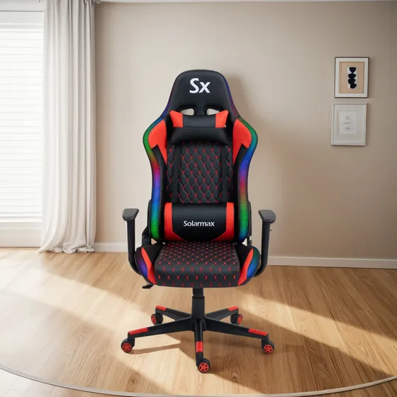 Silla Gamer Solarmax Ergonómica Giratoria Luz Rgb Almohadón Color Rojo Material Del Tapizado Cuero Sintético