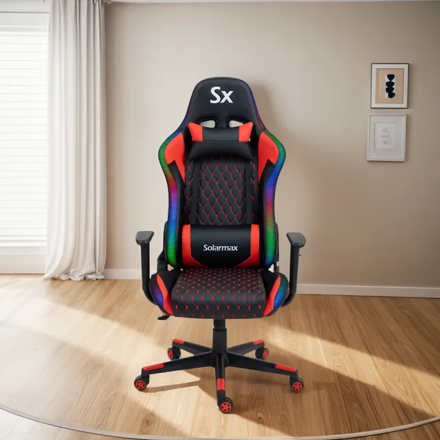 Silla Gamer Solarmax Ergonómica Giratoria Luz Rgb Almohadón Color Rojo Material del tapizado Cuero sintético