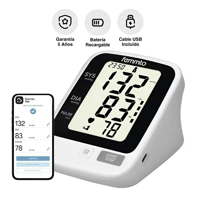 Baumanometro Digital Brazo Recargable Usb Monitor Medidor Presión Arterial Tensiómetro Aparato Checador De Presión Femmto Blanco