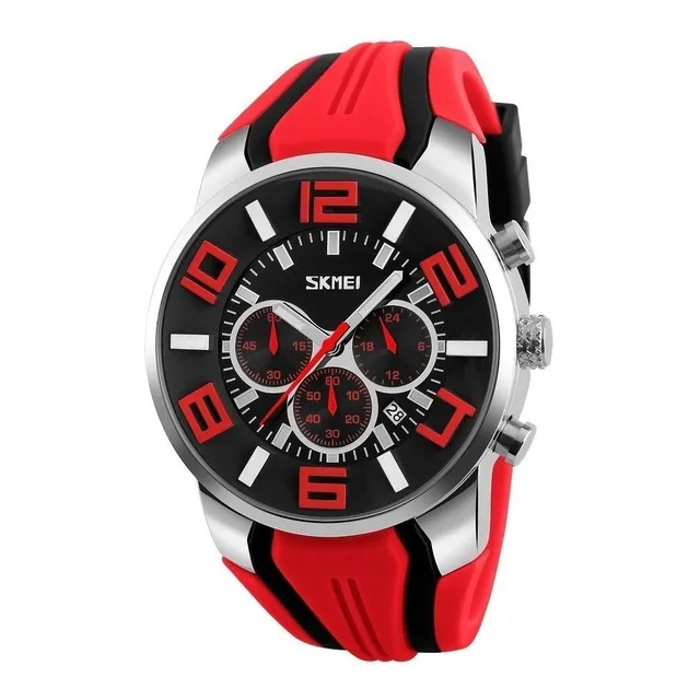 Reloj pulsera Skmei 9128 con correa de silicona color rojo/negro - fondo negro - bisel plateado