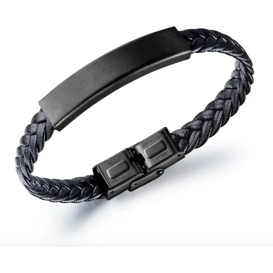 Pulsera Hombre De Cuero Y Acero Quirúrgico Negro