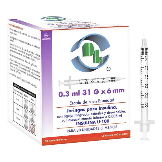 Jeringas Para Insulina Dl 0.3 Ml 31g X 6mm Caja Con 100 Pz