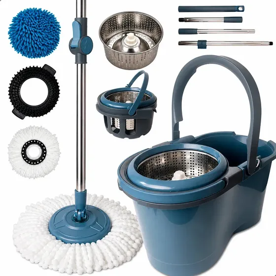 Esfregão Mop 360° Balde Inox Giratório 16L Cabo Longo 160cm Alça 3 Refis Microfibra Limpeza Pesada T