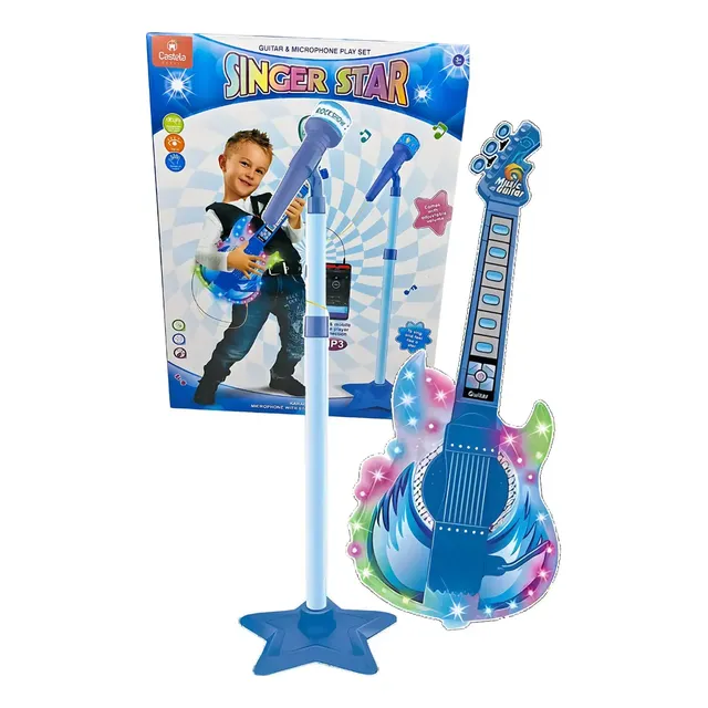 Guitarra Musical Infantil Castela Azul Com Som, Luzes e Microfone