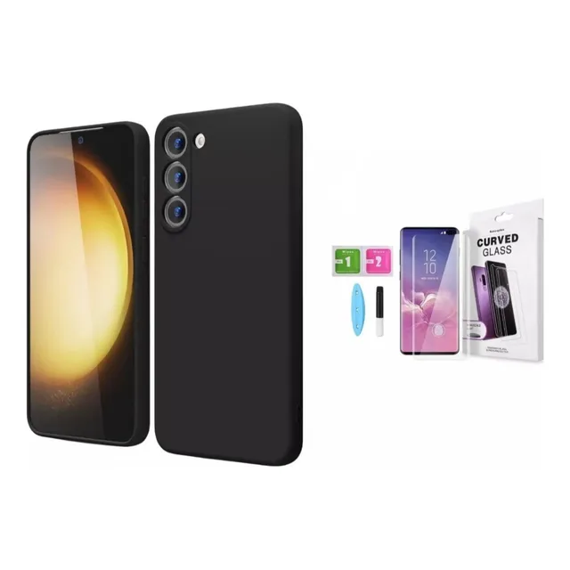Case Silicona Negro Para Samsung S23 Plus + Mica Uv Pantalla