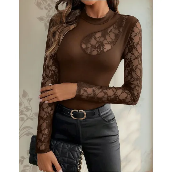 Blusa Camiseta De Dama Con Encaje Chocolate