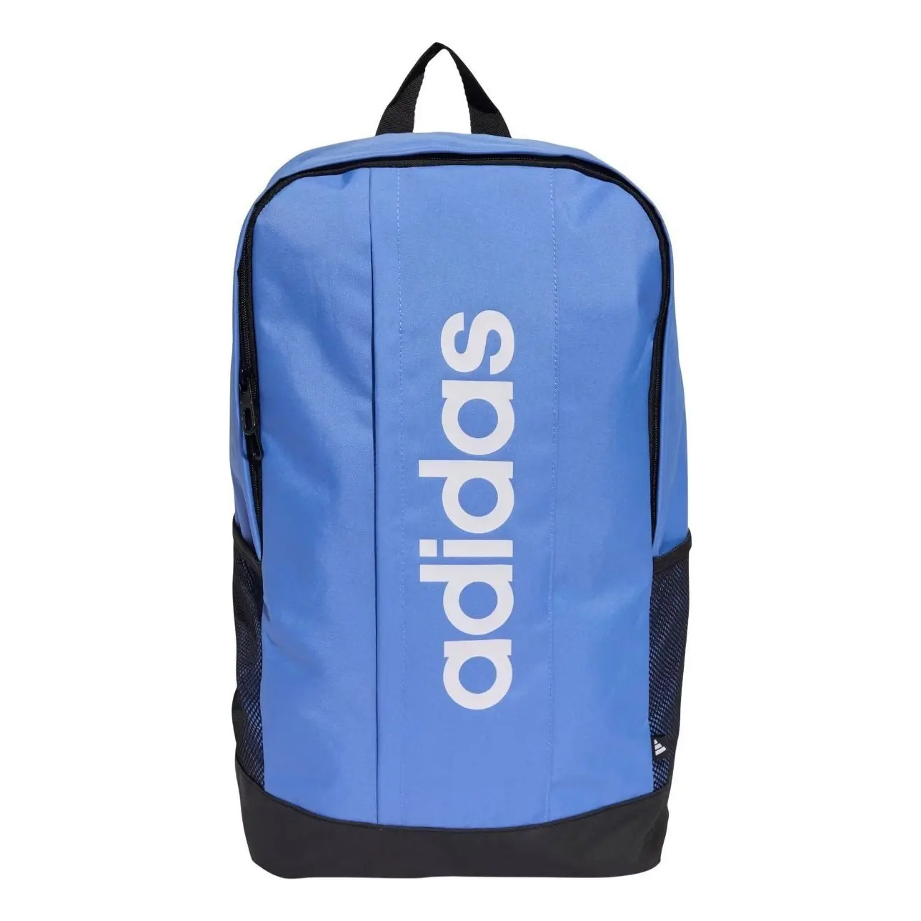 Mochila adidas Linear Core na cor azul com logo branco vertical e bolsos laterais em rede preta
