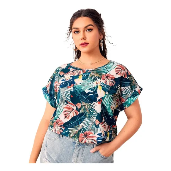 Blusa De Cuello Redondo Con Estampado Tropical 1xl (14)