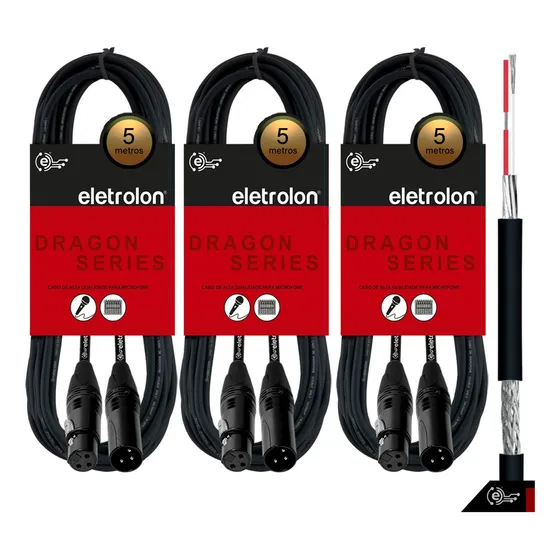 Kit 3 Cabo De Microfone Balanceado Xlr Macho X Xlr Femea 5m