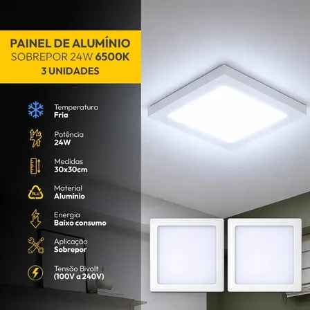 Kit 3 Painel Led Plafon Aluminio Sobrepor 24w 6500K Branco Frio 29x29cm Quadrado Cod: ALUT002010-3 Alut By Avant