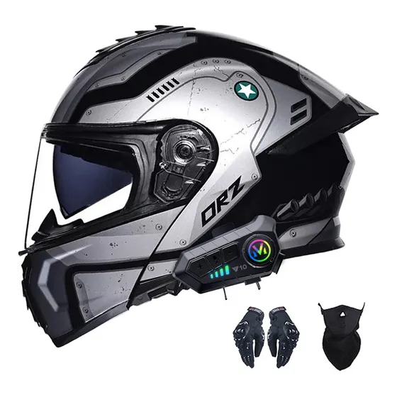 Banna Casco Moto Abatible Modular Bluetooth Integral Doble Visera, Homologado Dot, Plateado L 808