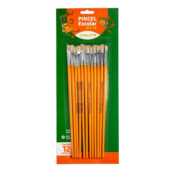 Pincel Escolar Chato N 10 Cabo Longo Kit 12 Un. Leo E Leo
