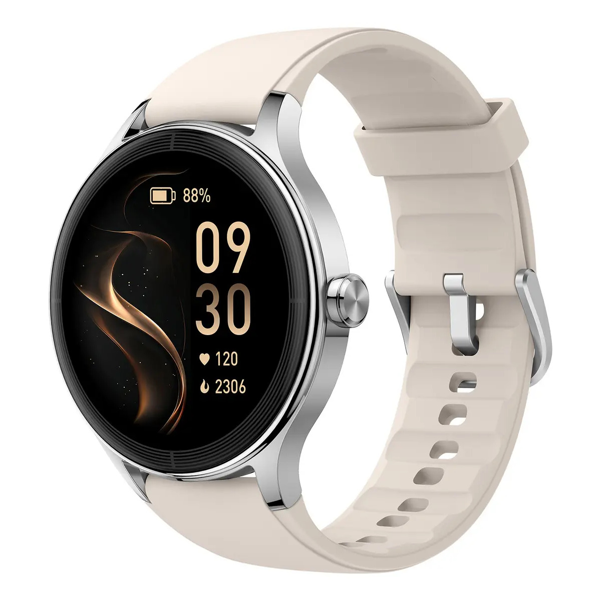 Smartwatch Ai Moda com caixa de liga de alumínio na cor nude, pulseira de silicone clara e mostrador digital exibindo hora, bateria e dados de saúde.