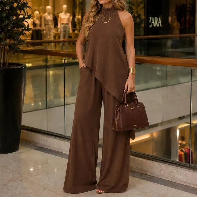 Conjunto Feminino Pantalona Elegante Regata Gola Alta Moda