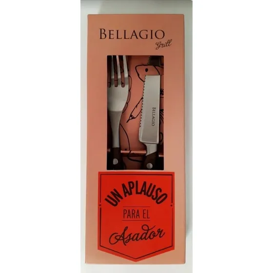 Set Cubiertos Para Asado Inox Y Madera Marca Bellagio Grill