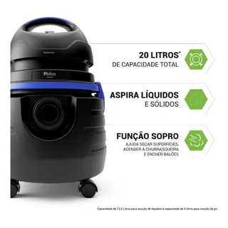 Aspirador De Água E Pó Philco 1500w 20l Pas80 Cor Preto 220v