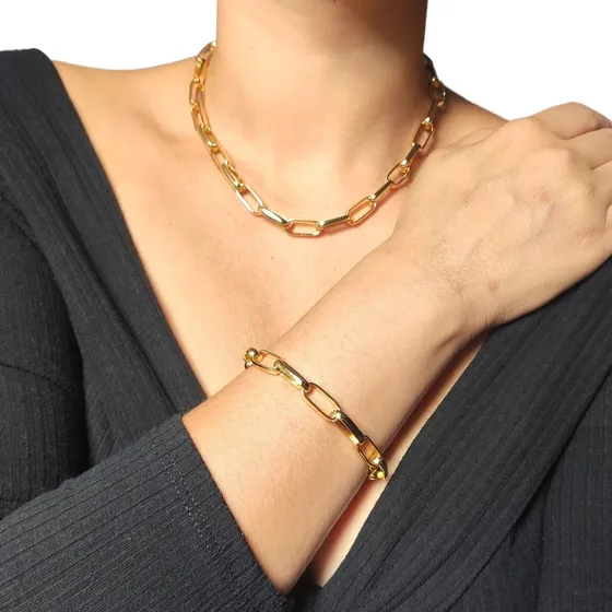 Kit Colar Choker Pulseira Corrente Grossa Folheado A Ouro 18