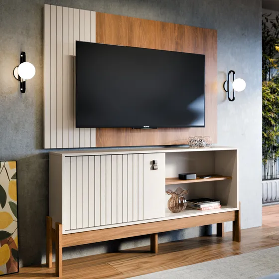 Kit Combo Para Sala Painel Tv Suspenso E Rack Com Prateleira