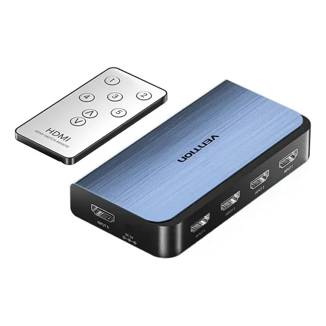 Switch 5x1 Hdmi Vention - 5 Entradas 1 Salida - 4k 60hz Hdr Con Audio Dts - Activo Con Fuente De Alimentación + Control Remoto - Carcasa De Aluminio - Para Tv / Pc / Consola / Proyector - Akcl0