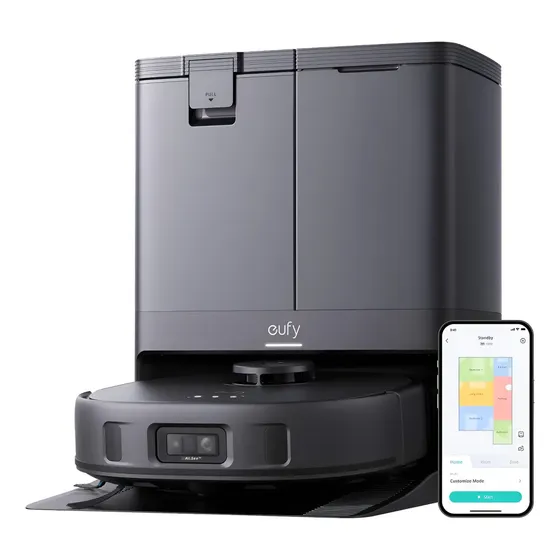 Aspiradora Robot Eufy X10 Pro Omni 8000 Pa para Mascotas, Evitación de Obstáculos IA, Trapeador Doble con Elevación 12 mm, Autovaciado y Autollenado, Negro