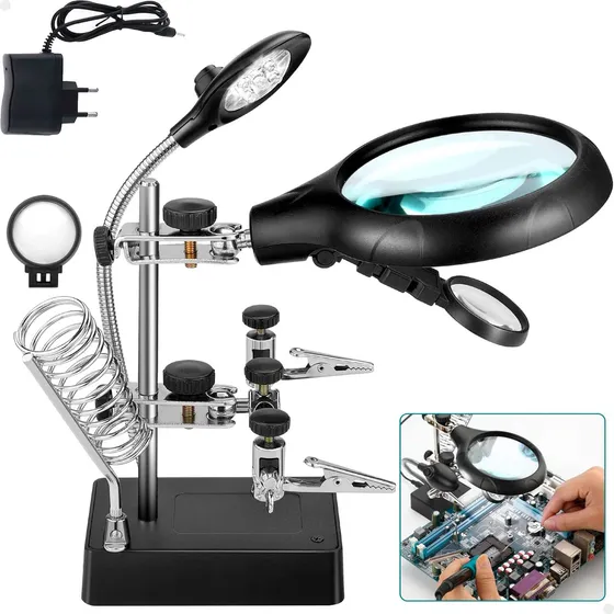 Lupa Bancada Garras Iluminação Led Lentes Aumento Até 10x