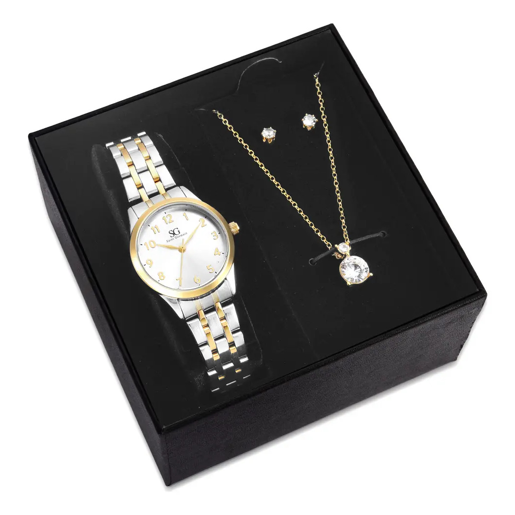 Kit Relógio Colar e Brincos Ponto De Luz Dourado e Prateado Feminino Luxo Saint Germain 28mm