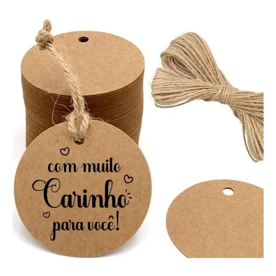 100 Tags Kraft Redonda 4cm Com Cordão - Vários Modelos